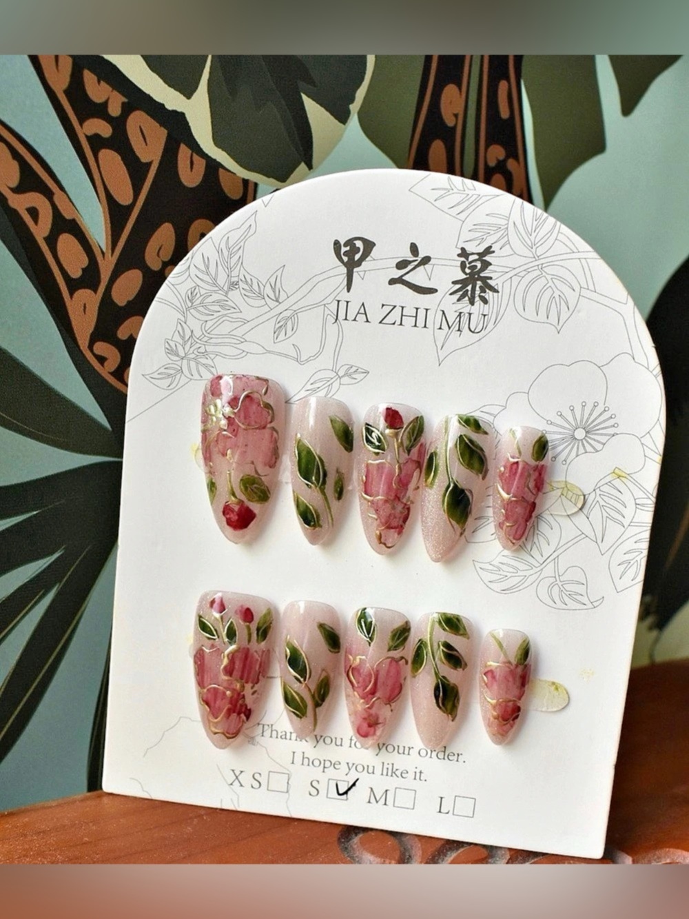 JIA ZHI MU Pink Rose Floral Press-On Nails Size Small 2.5 Length